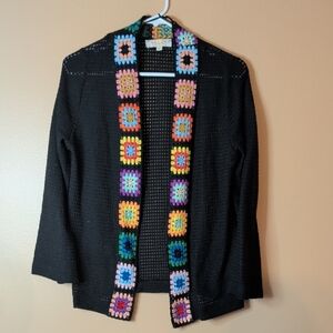 Rebellion Again Black Granny Square Crochet Open Knit Cardigan Size Small